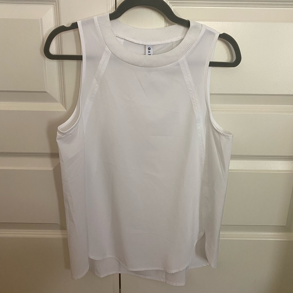 Athleta white tank, flowy blouse, small